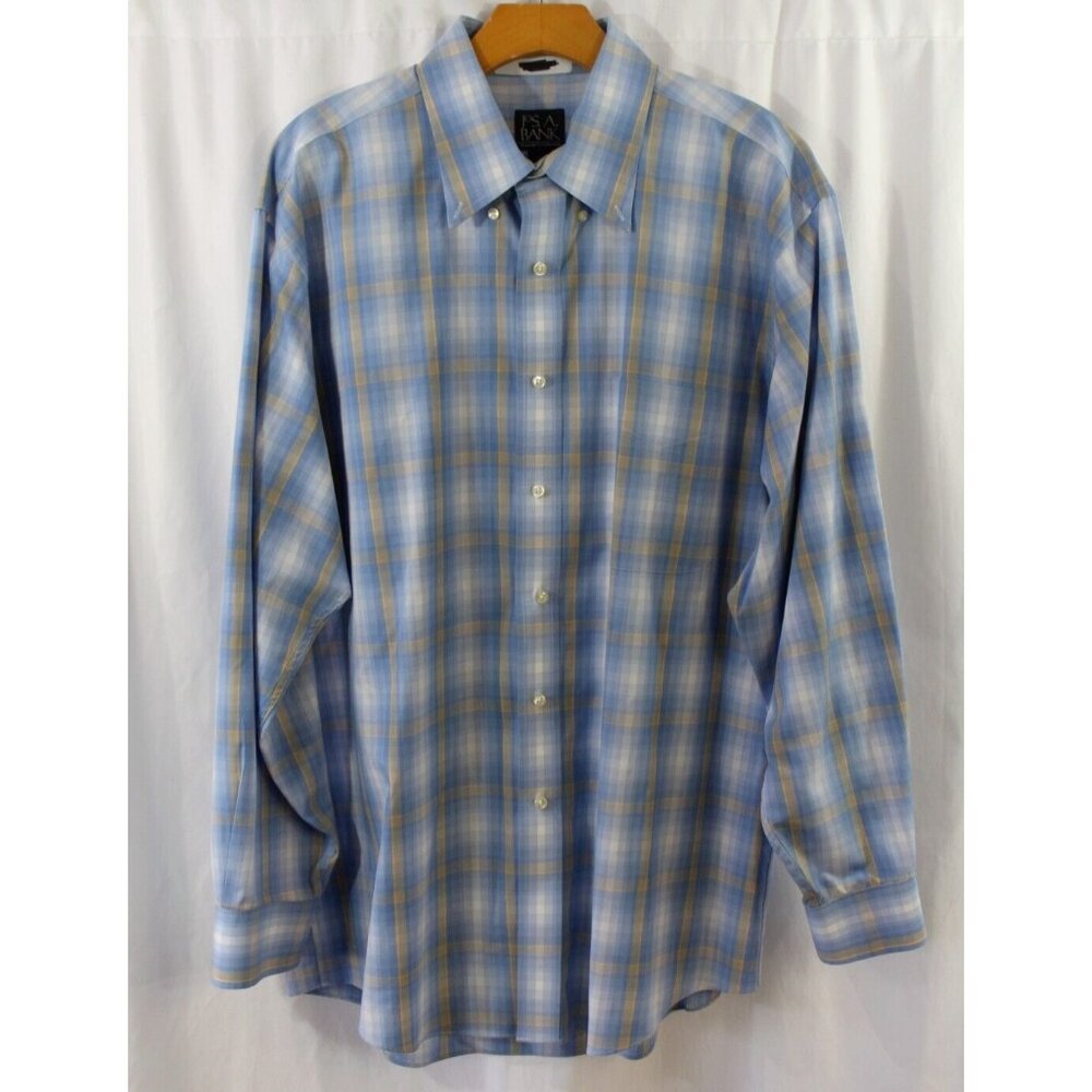 Jos A Bank Travelers Collection Blue Orange Plaid Long Sleeve Button Down L